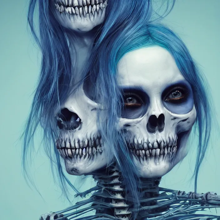 Image similar to portrait of female alt model with blue hair as a skeleton. intricate abstract. intricate artwork. nightmare fuel. by Tooth Wu, wlop, beeple, dan mumford. octane render, trending on artstation, greg rutkowski very coherent symmetrical artwork. cinematic, hyper realism, high detail, octane render, 8k, iridescent accents