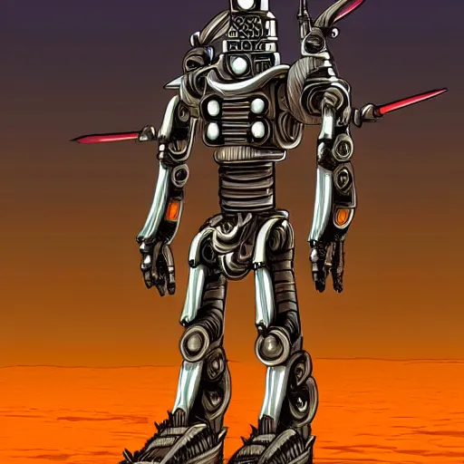 Image similar to spacepunk robot warforged, fullbody concept, robot is covered with long spikes, vast desert, symmetrical