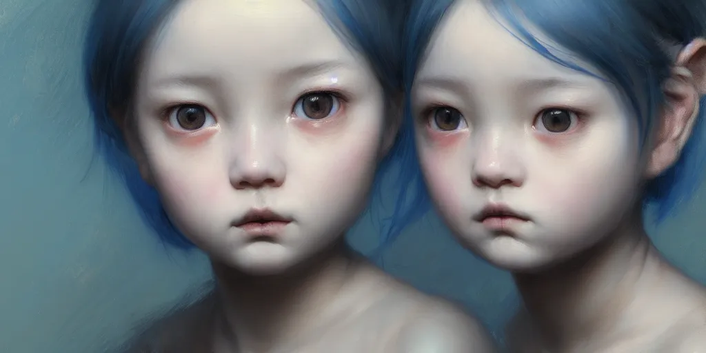 Image similar to portrait of a big eyed, blue short haired beautiful little girl looking sad to the camera with sad eyes, extremely detailed digital painting, in the style of fenghua zhong and ruan jia and jeremy lipking and peter mohrbacher, mystical colors, rim light, beautiful lighting, 8 k, stunning scene, raytracing, octane, trending on artstation