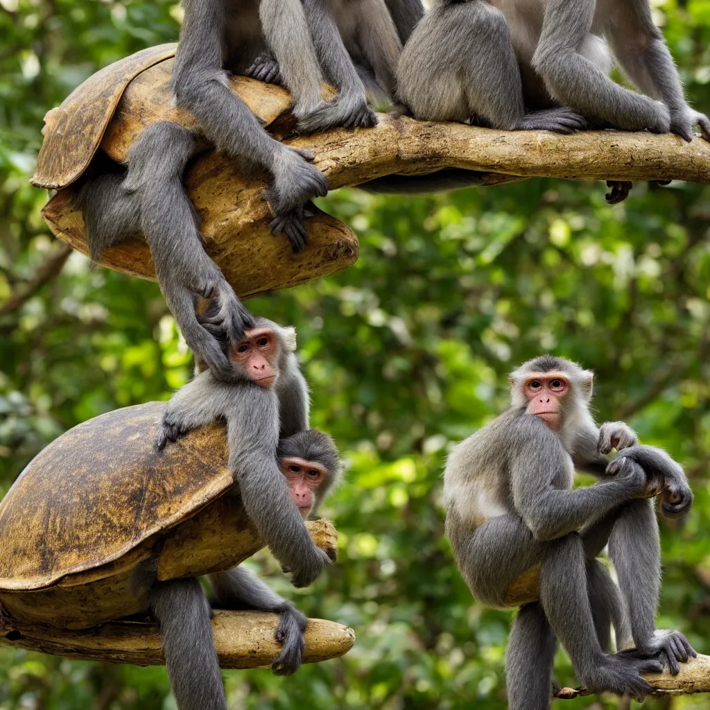 Prompt: nature photograph of a monkey sitting on the back of a turtle. turtle. turtle. national geographic