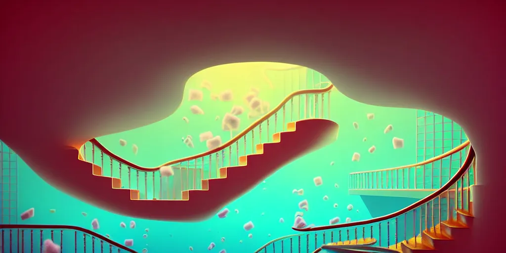 Image similar to minimalistic extreme wide angle curved perspective digital art of sss chubby cotton candy indoor casino, one staircase, with curly plants by anton fadeev, lorax movie, underwater smoke