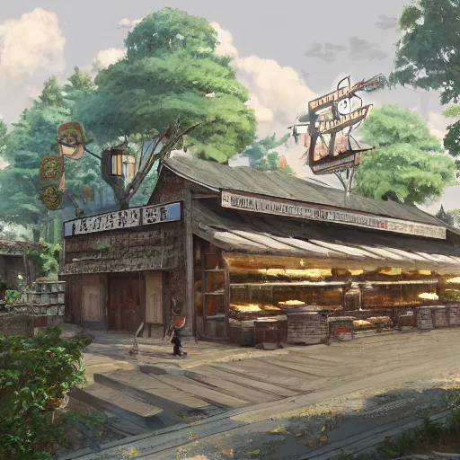 Prompt: concept art painting of a historic bakery with european and japanese architecture, in a forest village surrounded by trees, realistic, detailed, cel shaded, in the style of makoto shinkai and greg rutkowski and james gurney