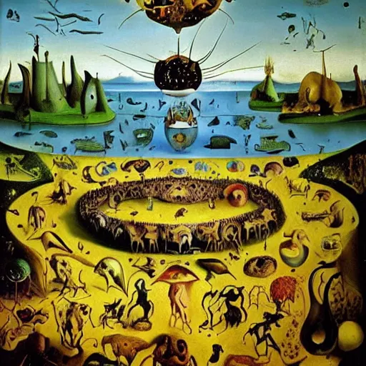 Prompt: The Garden of Earthly Delights by Salvador Dalí, surrealist, detailed, accurate, award wining, original modern artwork, rgb, ethereal lighting