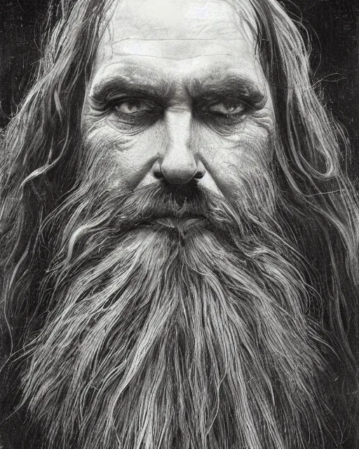 Image similar to portrait of a 6 0 - year - old giant man with long tangles of bushy black hair and beard hiding most of his face, kind eyes, wearing in black cloak, hyper realistic face, beautiful eyes, fantasy art, in the style of greg rutkowski, intricate, alphonse mucha, hyper detailed, smooth