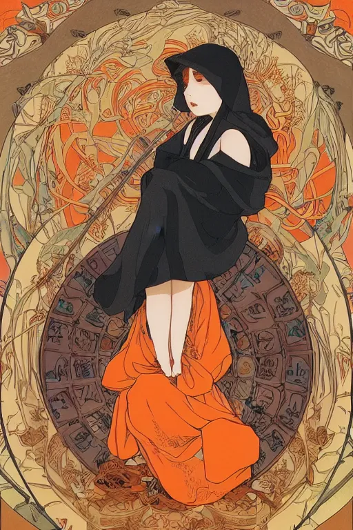 Image similar to a Girl in a large hood crouching on the ground by studio ghibli and mucha ,Visual Communication Design Refreshing colour ,orange slices,album,Microphone