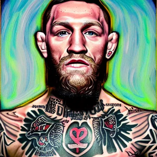 Image similar to conor mcgregor crucified, oil on canvas, digital art, religious, chest tattoo