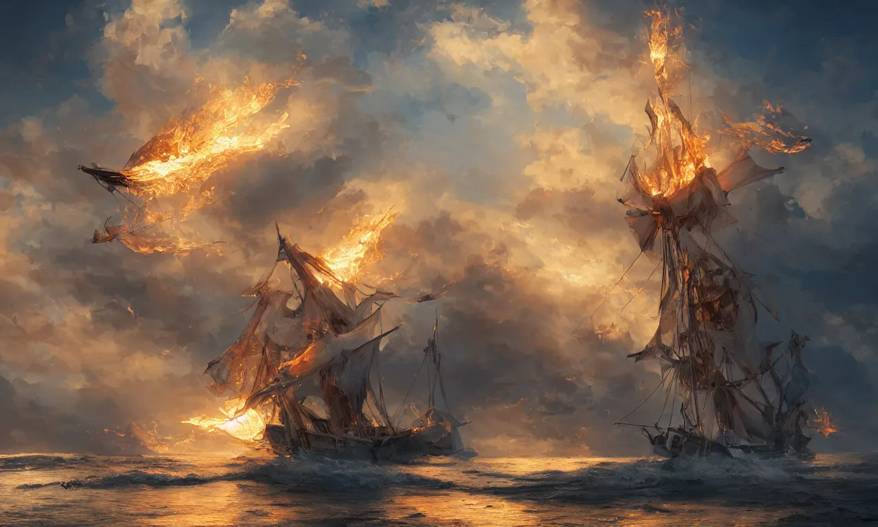 Image similar to a beautiful digital painting of a white caravel on fire flying in the clouds, birds and embers in the sunlight, numerous burning ropes and intricated sails, blue sky at sunset, elegant, highly detailed, artstation, concept art, matte, sharp focus, art by tom bagshaw, kelogsloops and greg rutkowski