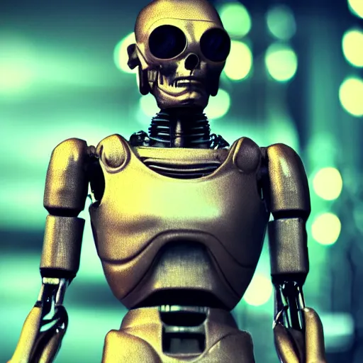 Prompt: a hyperrealistic picture of a humanoid android with human features but hollow glowing eyes steampunk bokeh film grain
