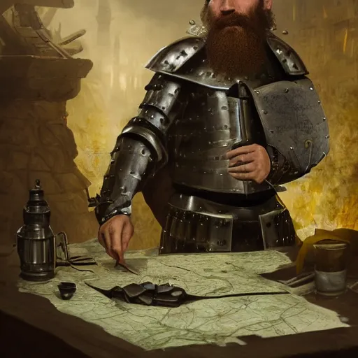 Prompt: Closeup of frustrated and acerbic male medieval sergeant with a short!!!! beard wearing a {black and yellow tabard} over a steel breastplate and a black gambeson looking at a map on a table, intricate, dramatic lighting illustration by Greg Rutkowski, {perfect face}, {perfect eyes}, fantasy