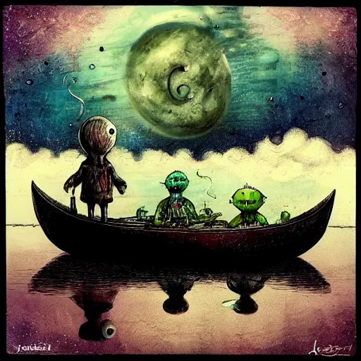 Image similar to a rowing boat of monsters floating in space, alexander jansson, artstation