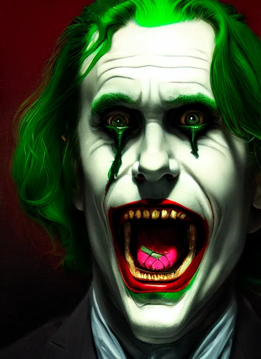 Image similar to portrait of jared leto as the joker, green hair, intricate, elegant, glowing lights, highly detailed, digital painting, artstation, concept art, sharp focus, illustration, art by wlop, mars ravelo and greg rutkowski