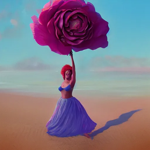 Image similar to portrait, giant rose flower head, girl dancing at the beach, surreal photography, sunrise, blue sky, dramatic light, impressionist painting, digital painting, artstation, simon stalenhag