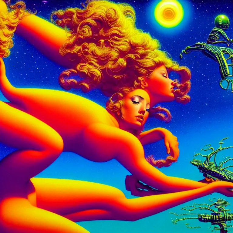 Image similar to cosmic girl, 2 0 yo, reclining close - up, bright neon colors, highly detailed, cinematic, panoramic, tim white, michael whelan, roger dean, bob eggleton, philippe druillet, vladimir kush, kubrick, alfred kelsner, boris vallejo