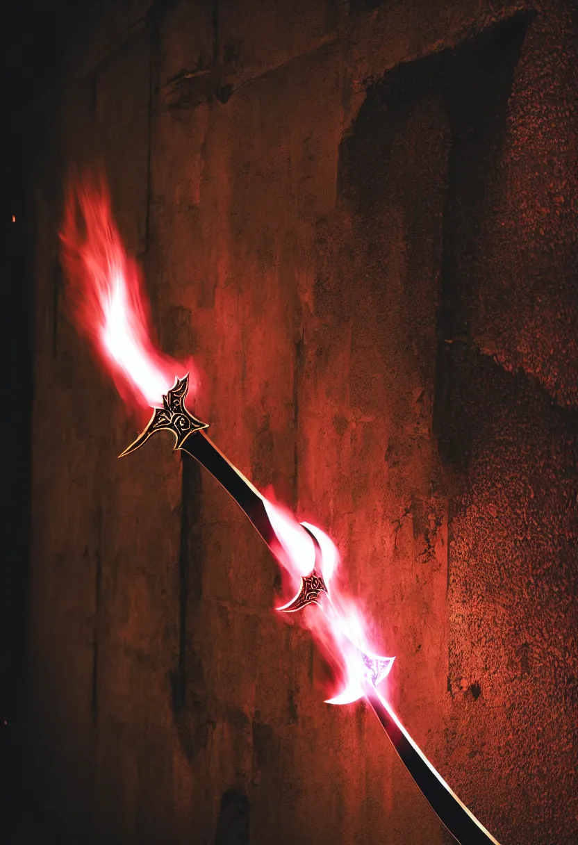 Image similar to photo of a magical fantasy longsword displayed on a wall. the sword is glowing with hot fire power and giving off a subtle black smoke.