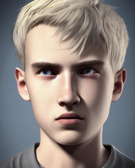 Image similar to portrait a 1 5 - year - old boy, with slender, white - blond hair, cold grey eyes, a pale complexion with sharp and pointed features close up, dramatic lighting, octane render, digital art