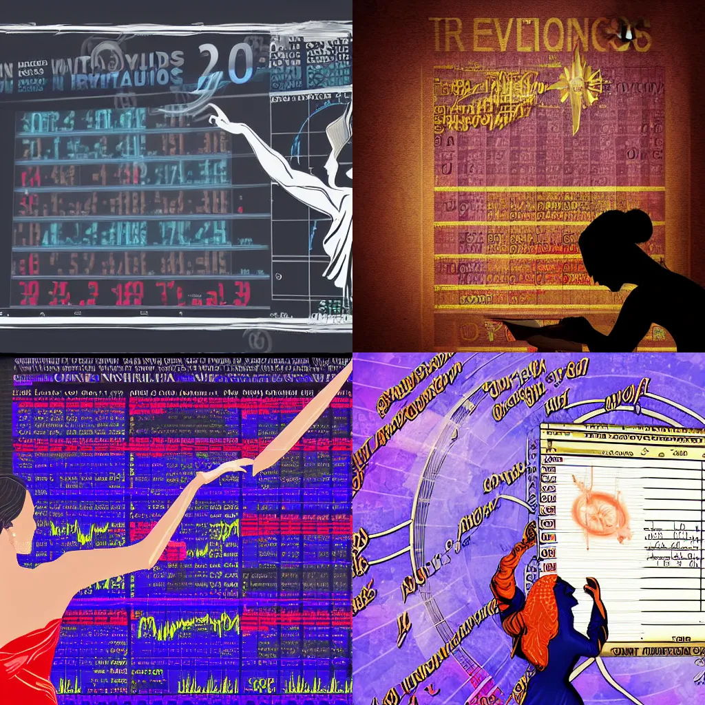 Prompt: the goddess of revolutions writing down predictions of the future on a stock market board, digital art