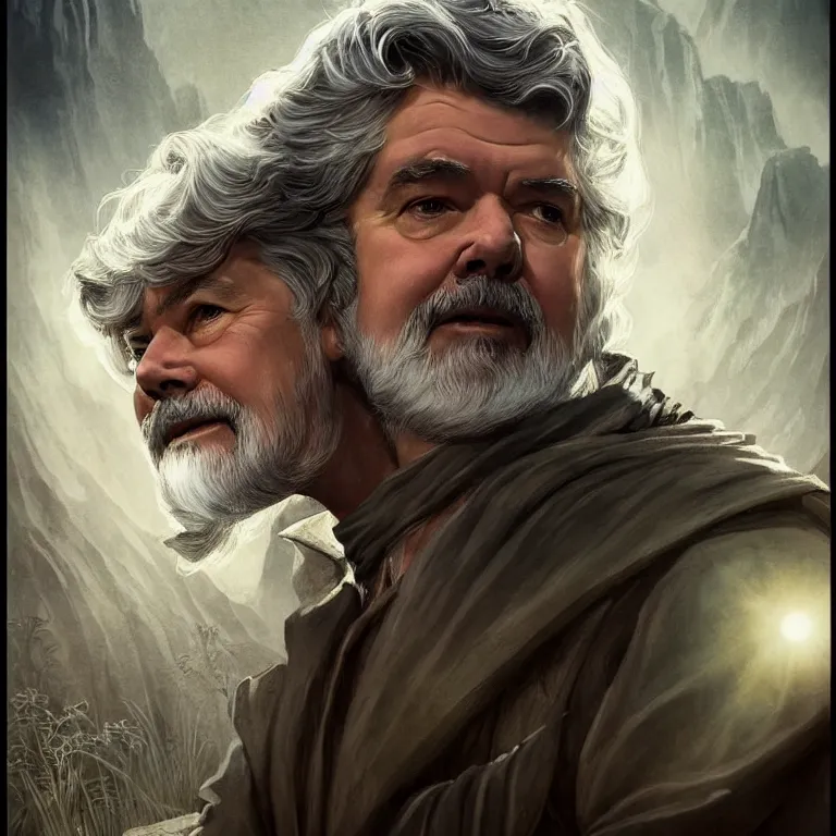 Image similar to beautiful cinematic fantasy poster with George Lucas from Middle-Earth, fantasy, portrait, sharp focus, intricate, elegant, digital painting, artstation, matte, highly detailed, concept art, illustration, ambient lighting, hybrid from The Elden Ring and art direction by Darius Zawadzki ;by artgerm; wayne reynolds art station; cinematic quality character render; low angle; ultra high quality model; production quality cinema model;