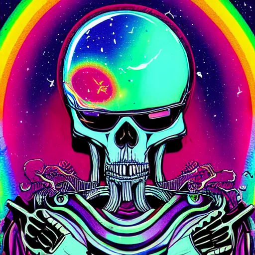 Prompt: space grim reaper skeleton wearing sun glasses melting, complex wavy rainbow lines, particals and distortion, in the style of Ori Toor