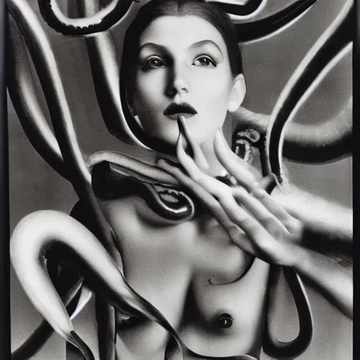 Image similar to A portrait of a beautiful cyberpunk girl with octopus, by Man Ray and Helmut Newton, fine art