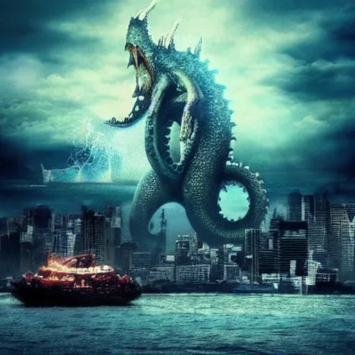 Prompt: godzila is fighting with a giant squid! epic city landscape! japanese vibe