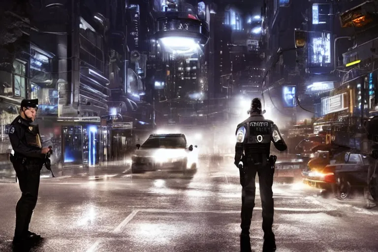 Image similar to cinematography ai robot rights standoff with police, sci-fi future city street at night. Emmanuel Lubezki