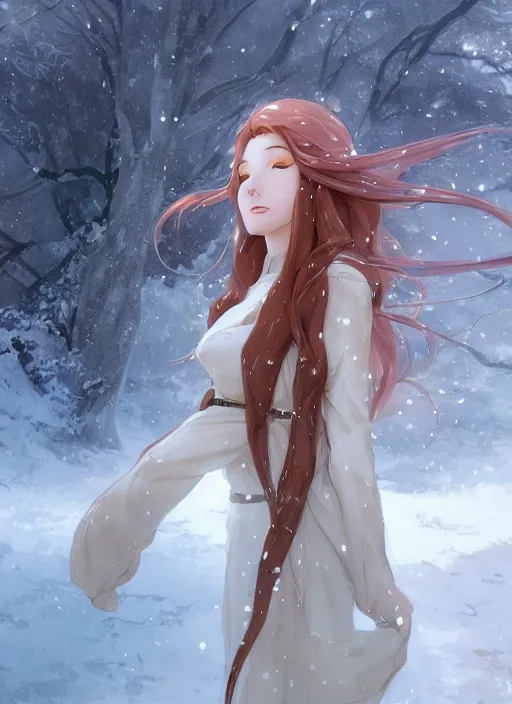 Image similar to an elven girl with long flowing auburn hair in the snow. By Makoto Shinkai, Stanley Artgerm Lau, WLOP, Rossdraws, James Jean, Andrei Riabovitchev, Marc Simonetti, krenz cushart, Sakimichan, trending on ArtStation, digital art.