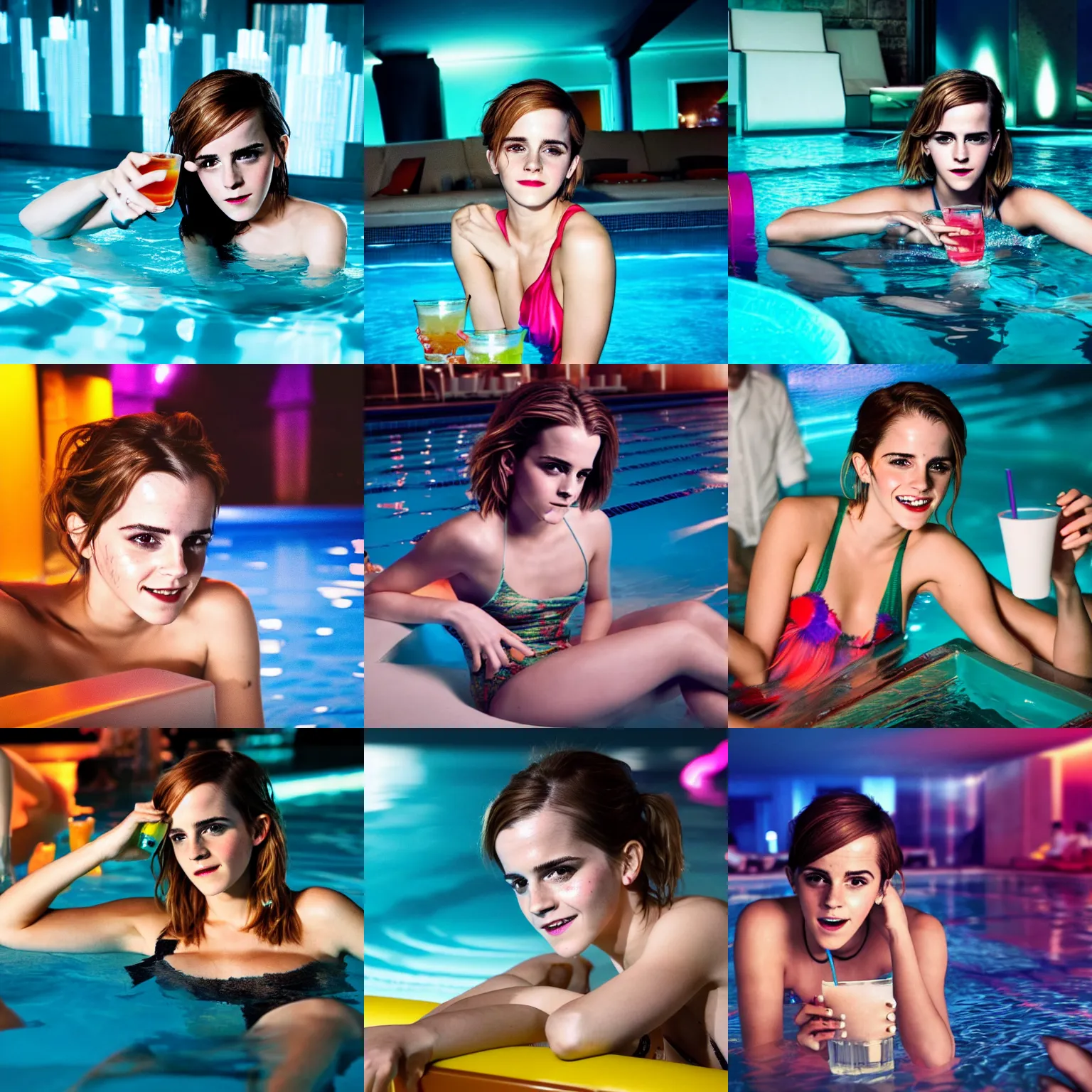 Prompt: a photo of a super drunk emma watson, with a drink, having fun being the center of attention in a pool party, in a modern indoors pool with cyberpunk illumination at night. 4 k photo. sensual. hyper realistic