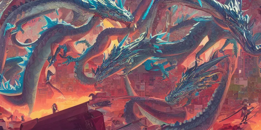 Image similar to A giant Dragon City , Tristan Eaton, victo ngai, artgerm, RHADS, ross draws