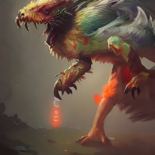 Prompt: digital painting of an ibiza rave elegant but deadly chicogriff, griffin chicogriff hybrid monster, by Greg Rutkowski, magic the gathering concept art, trending on artstation, 4k resolution