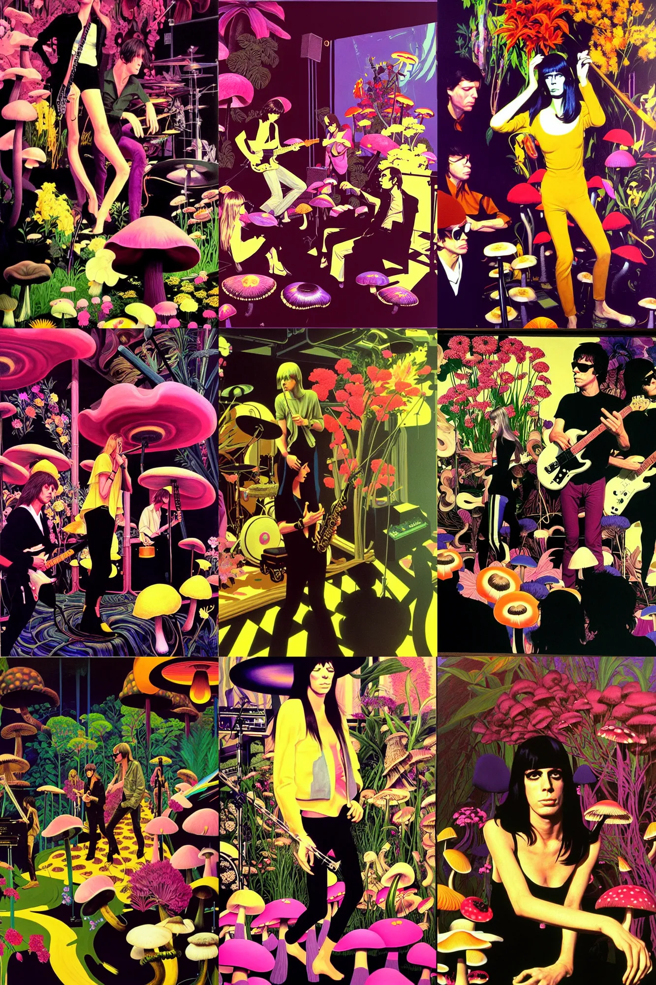 Prompt: the velvet underground and nico playing live on stage, beautiful stage decoration in the background featuring flowers and mushrooms, painting by syd mead, very detailed and colorful and ornamental and moody and relaxed and high on drugs, trending on artstation, behance contest winner