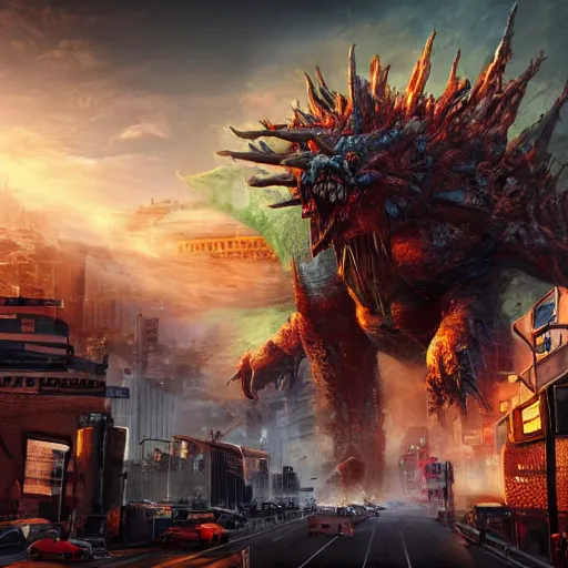 Image similar to destructive giant monsters in the city, photorealistic, highly detailed, sharp focus, vivid, colorful, symmetrical, random, convoluted, mind - blowing, creative, fully functional, end of the world, physics defying, amazing, cool