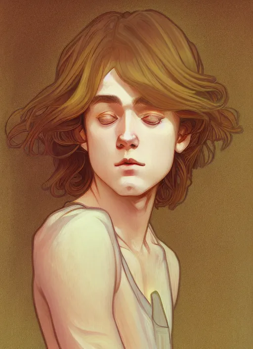 Image similar to pretty young man with shoulder length shiny shimmering golden blond hair, head down, shy, sad, scared, path traced, highly detailed, high quality, digital painting, by studio ghibli and alphonse mucha, leesha hannigan, disney