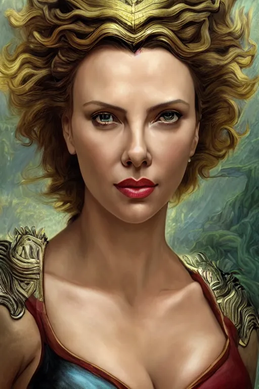 Image similar to A fantasy comic book style portrait painting of Charlize Theron, Scarlett Johansson, as an Atlantean Reptilian Warrior, Mystical Valkyrie, François Boucher, Oil Painting, unreal 5, DAZ, hyperrealistic, octane render, Regal, Refined, Detailed Digital Art, RPG portrait, William-Adolphe Bouguereau, Michael Cheval, Walt Disney (1937), Steampunk, dynamic lighting, Highly Detailed, Cinematic Lighting, Unreal Engine, 8k, HD