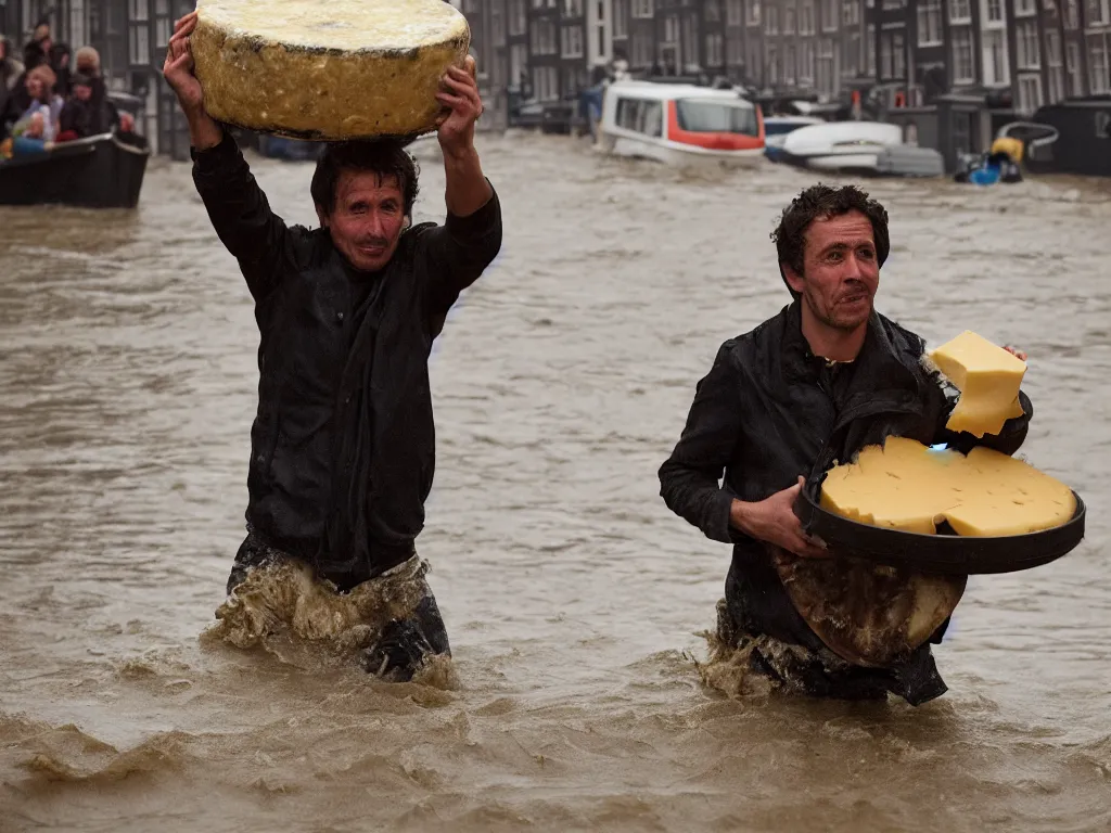 Image similar to closeup potrait of a man carrying a wheel of cheese over his head in a flood in Amsterdam, photograph, natural light, sharp, detailed face, magazine, press, photo, Steve McCurry, David Lazar, Canon, Nikon, focus