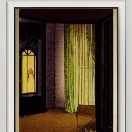 Prompt: a lonely girl in a liminal hotel room, watercolor by botticelli, limited color palette, very intricate, art nouveau, highly detailed, lights by hopper, soft pastel colors, minimalist