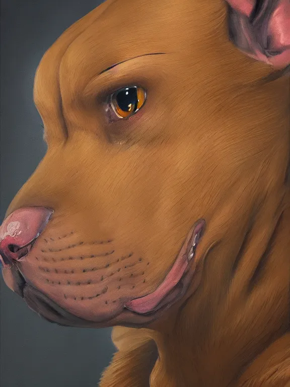 Image similar to an ultra detailed beautiful portrait painting of a original sonic character based off of a strong elegant brown pitbull, side view, oil painting, high resolution, by ilya kuvshinov, sonic oc, brown fur, furry, greg rutkowski and makoto shinkai