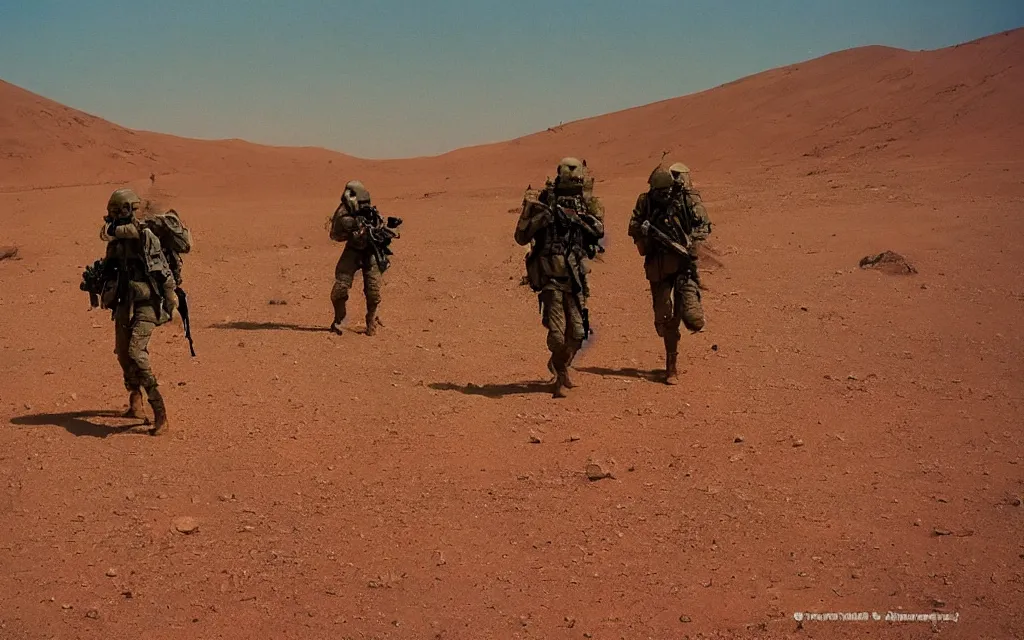 Prompt: in a dusty red desert, a team of five swat future soldiers in dark green tactical gear like death stranding hike. They 're afraid. mid day, heat shimmering, color, 35mm film photography, lawrence of arabia