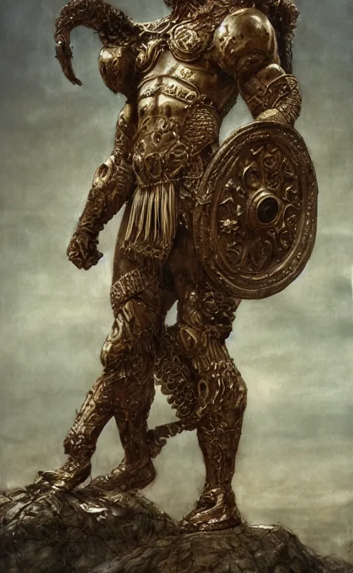 Prompt: hercules in lion ornamented armor, wearing cape, beksinski, hercules concept art, weta workshop concept art