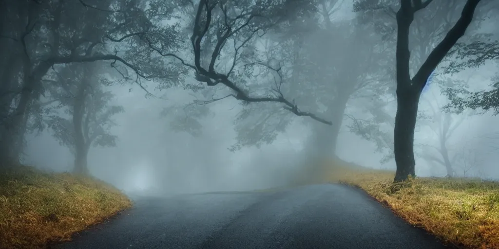 Prompt: unknown menacing slimy wet nightmarish!!! hellish!!! visceral!!! alien!!! creatures, forested windy hilly paved road, fog, rain, volumetric lighting, beautiful, golden hour, sharp focus, ultra detailed, cgsociety