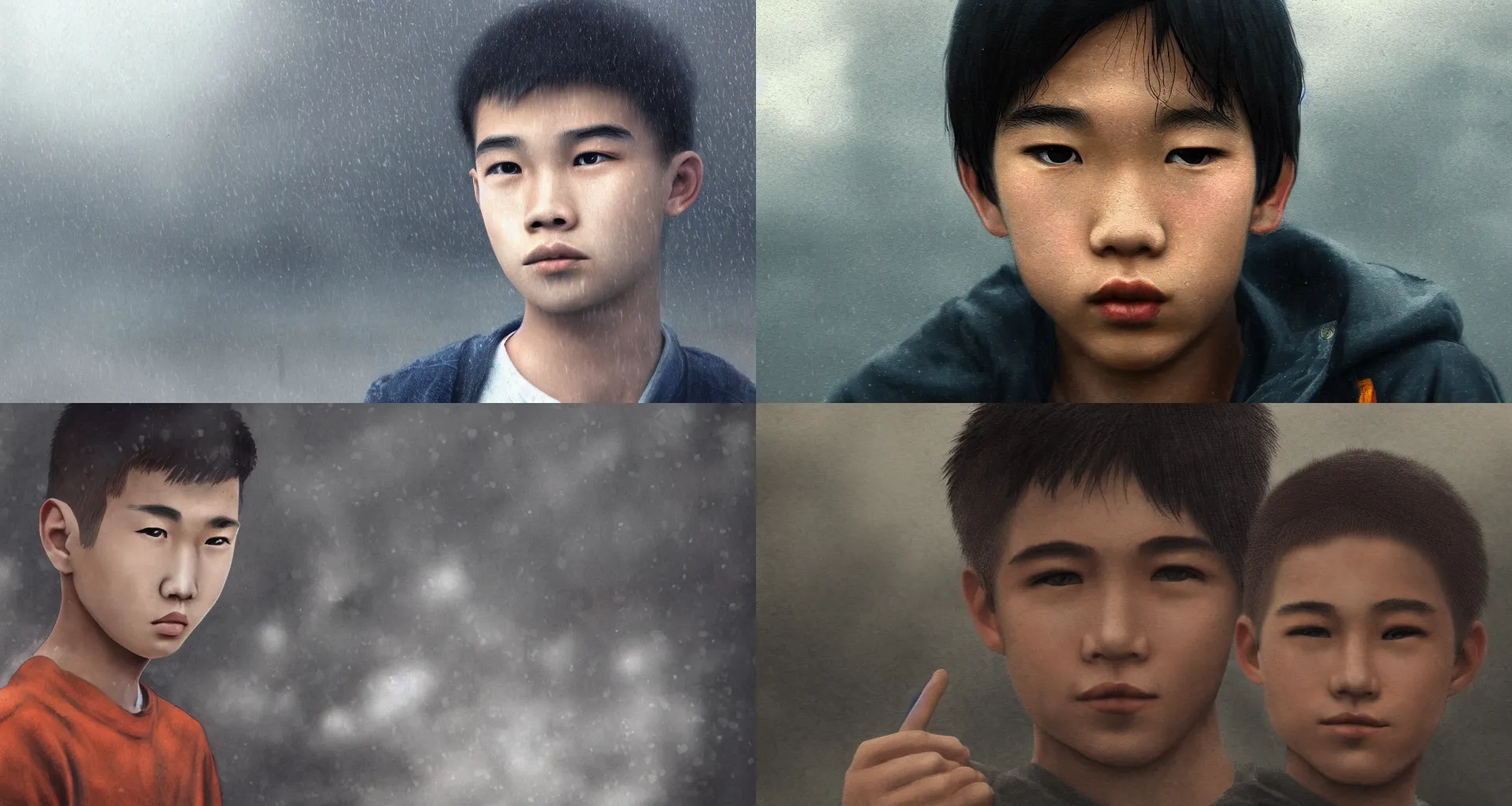 Prompt: teenage, boy, half asian, cute, portrait, close-up, industrial background, autumn, rainy, foggy, utopian looking, 80s, moody, hyperrealistic, matte painting, trending on artstation