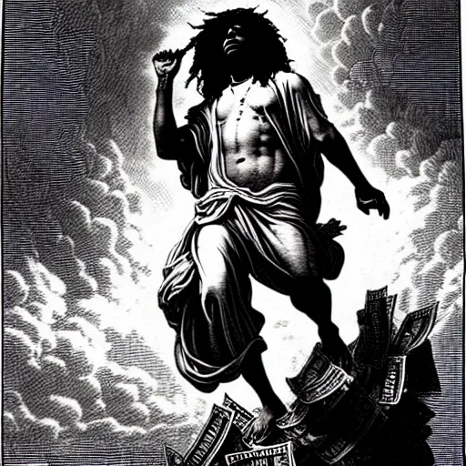 Image similar to cheef keef ascending into heaven holding stacks of cash, biblical image, style of gustave dore, highly detailed, beautiful, high contrast, black and white