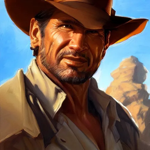 Image similar to greg manchess portrait painting of partially armored indiana jones as overwatch character, medium shot, asymmetrical, profile picture, organic painting, sunny day, matte painting, bold shapes, hard edges, street art, trending on artstation, by huang guangjian, gil elvgren, ruan jia, randy vargas, greg rutkowski