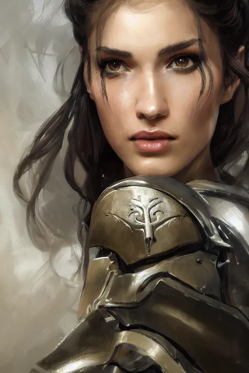 Image similar to a professionally painted portrait of an attractive young woman, clothed in military armor, olive skin, long dark hair, beautiful bone structure, symmetrical facial features, intricate, elegant, digital painting, trending on Artstation, concept art, smooth, sharp focus, illustration, from Metal Gear by Ruan Jia and Mandy Jurgens and Artgerm and William-Adolphe Bouguerea, award winning