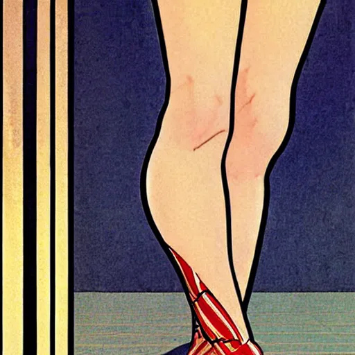 Prompt: a beautiful woman in striped nylons, art by coles phillips, mucha,