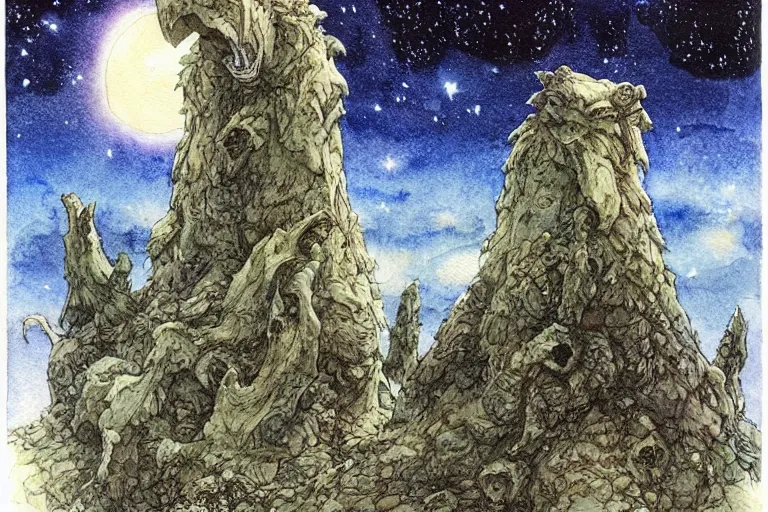 Image similar to hyperrealist studio ghibli watercolor fantasy concept art of a kaiju using stonehenge as a chair. it is a misty starry night. by rebecca guay, michael kaluta, charles vess