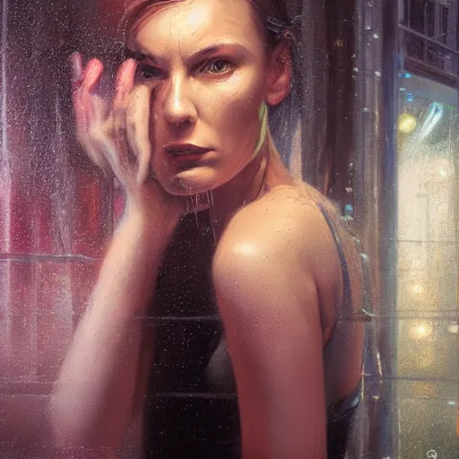 Image similar to detailed face of a woman, moment, cyberpunk cloisters, electronic billboards, tech noir, wet reflections, atmospheric, ambient, livia prima, pj crook, greg rutkowski, edward hopper