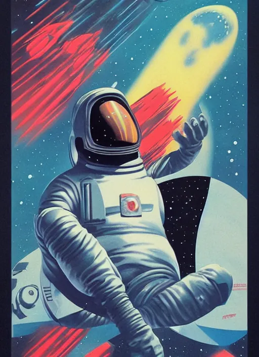 Image similar to a meditating astronaut, by vincent di fate, artgerm julie bell beeple, 1 9 8 0 s, inking, vintage 8 0 s print, screen print