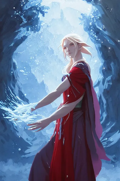 Image similar to elvish female sorcerer doing water magic spells, blue robes, red hair, finely detailed perfect face, exquisite details, mid view, design on a white background, by studio muti, greg rutkowski makoto shinkai takashi takeuchi studio ghibli