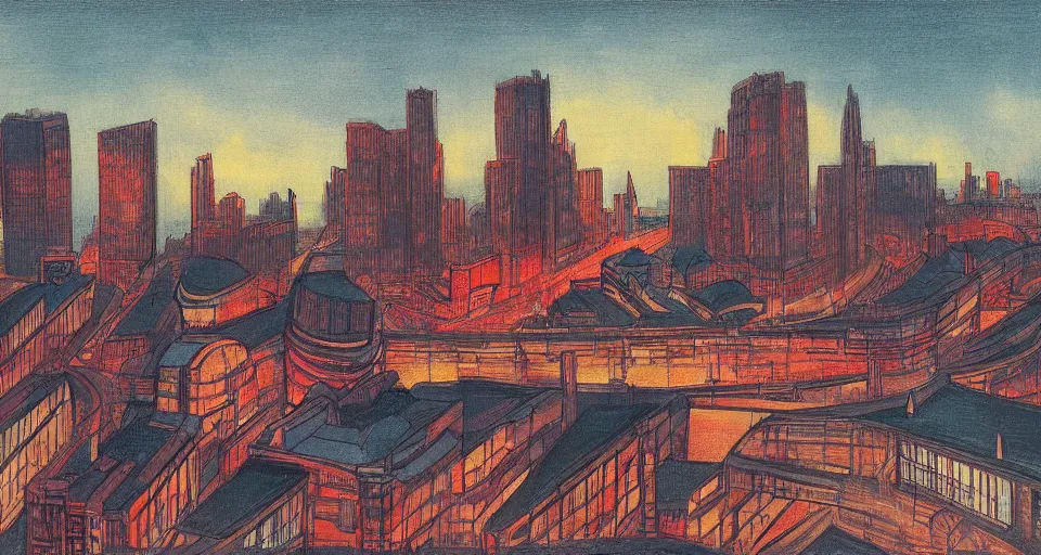 Image similar to color sketch of the london skyline, highly detailed, dramatic lighting, intense shadows, rich deep colours, by feng zikai yun shouping