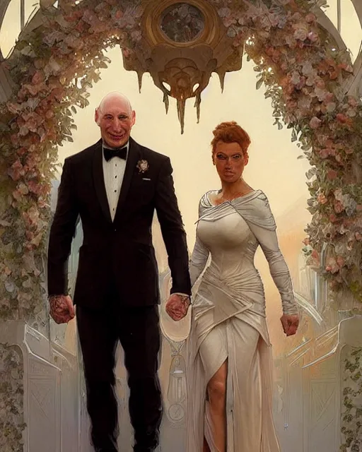 Image similar to Portrait of Jean Luc Picard marrying Jodie Marsh, real life skin, intricate, elegant, highly detailed, artstation, concept art, smooth, sharp focus, art by artgerm and greg rutkowski and alphonse mucha